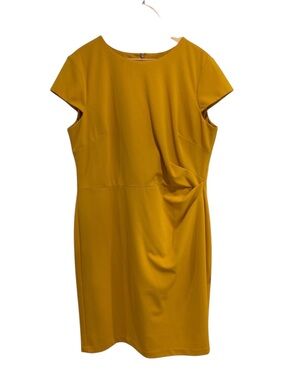 Lauren Ralph Lauren Mustard Yellow Midi Sheath Dress Side Ruched Cap Sleeves